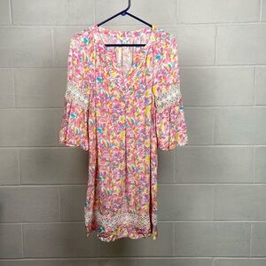 Crown & Ivy Women's Floral‎ Print Dress SMALL Pink Bell Sleeves Embroidered Boho